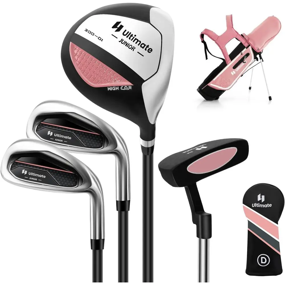 Golf Equipment For Kids - ชุดกอล์ฟสำหรับเยาวชน พร้อมกระเป๋าแบบมีขาตั้ง ผ้าคลุมกันฝน และอุปกรณ์ฝึกซ้อม สำหรับเด็กอายุ 5-13