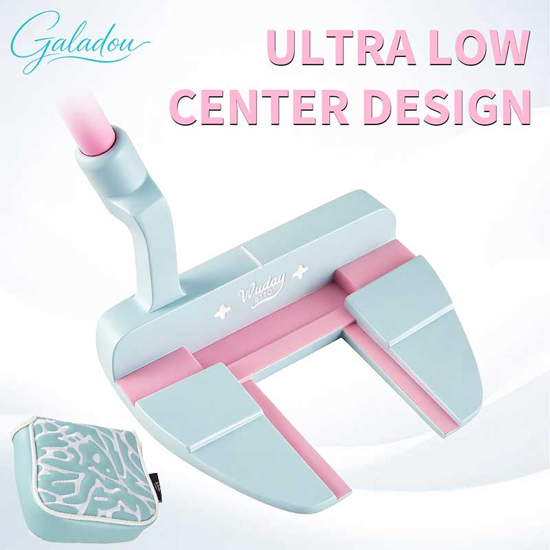 Golf Equipment Beginners - พัตเตอร์กอล์ฟสีน้ำเงินและสีชมพูพร้อมปลอกพัตเตอร์สีน้ำเงิน ใช้ได้ทั้งมือซ้ายและมือขวา โดดเด่นด้วยดีไซน์สีชมพูสวยงาม โครงสร้างเปิดสำหรับการเล็งเป้าอย่างแม่นยำ และด้ามจับที่มีพื้นผิวกันลื่นเพื่อเพิ่มความรู้สึกในการจับ เหมาะสำหรับนักกอล์ฟหญิง